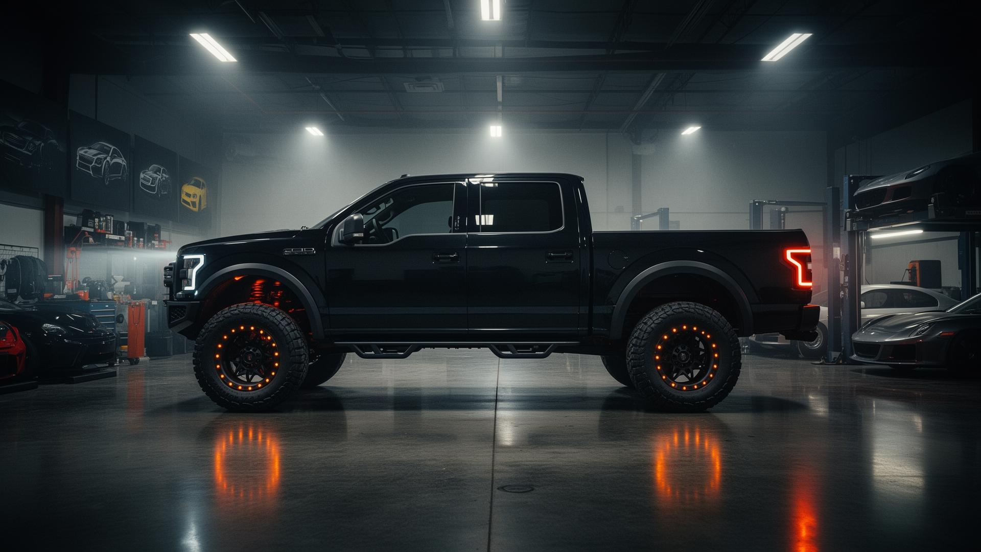 Lifted truck on aggressive all-terrain tires inside the Country Tire shop
